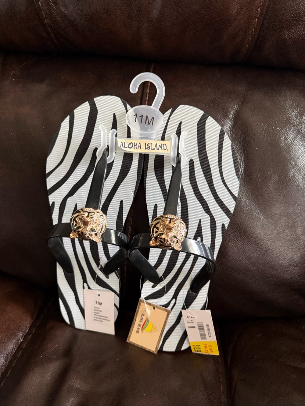 Aloha Island Black & White Zebra Flip Flops with Gold Lion Medallions